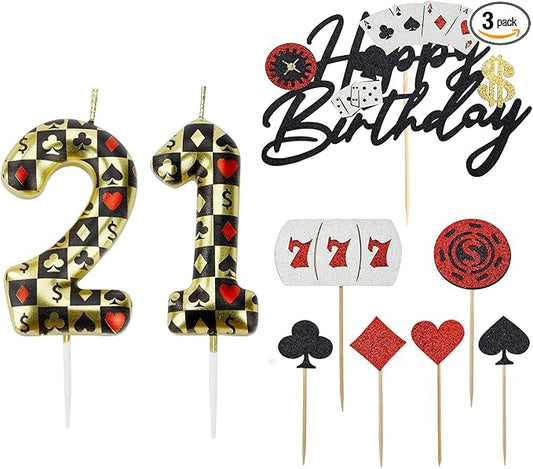 Casino Birthday Number Candles for Cake, Poker Birthday Candles for Casino Themed Birthday Party Decoration, Glitter Casino Birthday Cake Topper for Casino Night Theme Birthday Cake (Number 12 & 21)