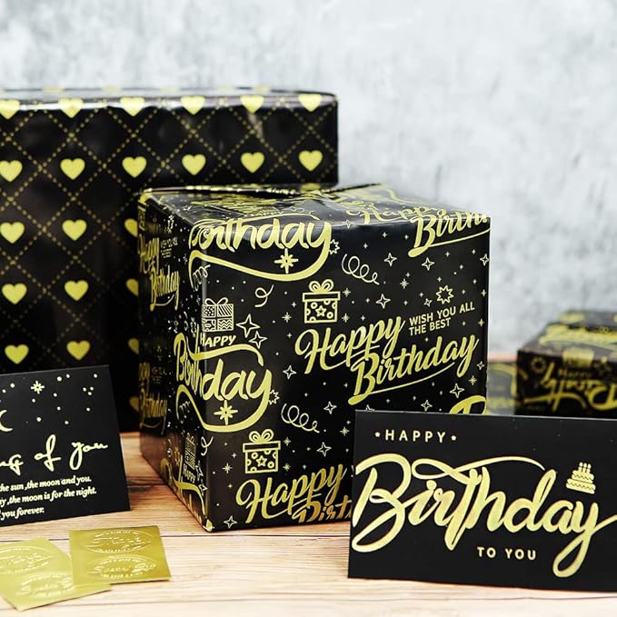 Happy Birthday Wrapping Paper for Man Women,6 Sheets Black Gold Birthday Love Heart Gift Wrapping Paper with 2 Greeting Cards for Girl Boy Wedding Graduation Christmas Gift Wrap Paper,28*20 Inch
