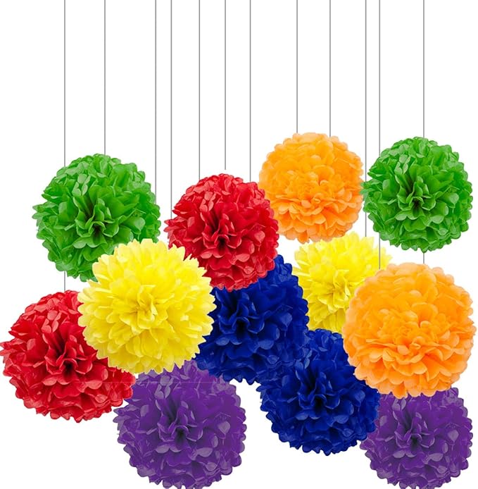 XIKSXITN 12 pc Multicolor Tissue Paper Pom-Poms - Hanging Multicolor Paper Flowers Ball for Party Decorative (10&12 inch)