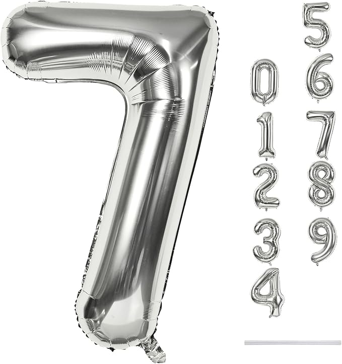 40'' Silver Number 7 Balloons, Self Inflating Foil Number Balloons Set 0-9 for Women Men, Large Digital 7 Helium Balloon for Girls Boys 7th Birthday Party New Year Decorations Anniversary Supplies