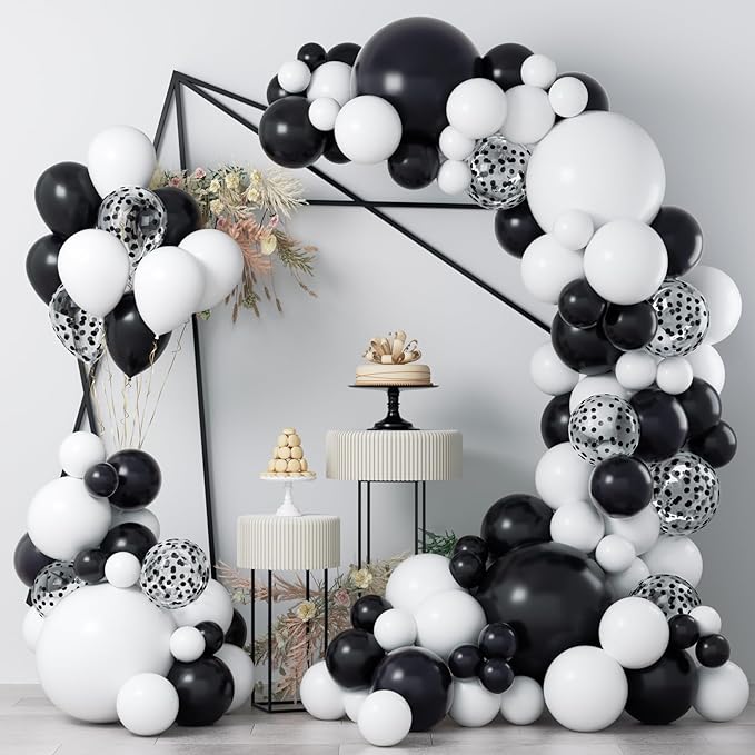 COKAOBE Black and White Balloon Garland Arch Kit, 124pcs White Black Confetti Latex Balloons for Baby Shower Birthday Graduation Wedding Engagements Anniversary Celebrations Party Decorations