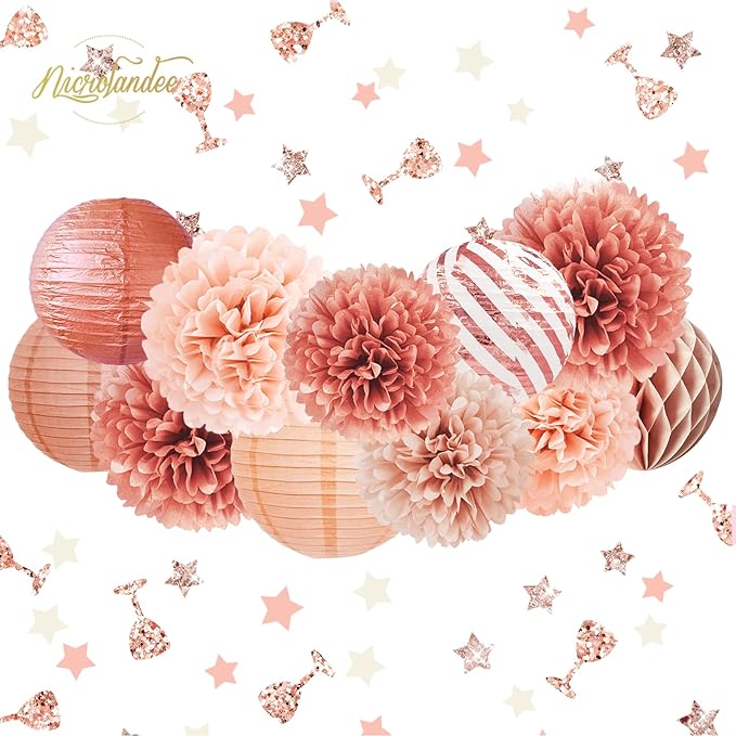NICROLANDEE Rose Gold Party Decorations -12PCS Elegant Party Supplies Tissue Pom Poms Paper Lantern Glitter Confetti 30G for Valentines Wedding Bridal Shower Birthday Bachelorette Party Decorations