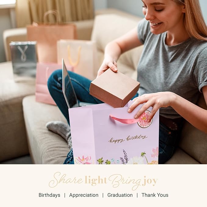 Christian Art Gifts Large Portrait Inspirational Gift Bag, Tag & Wrapping Tissue Paper Set for Women: Happy Birthday Golden Greeting Message, Easy Carry Satin Ribbon Handles, Pink Multicolor Floral