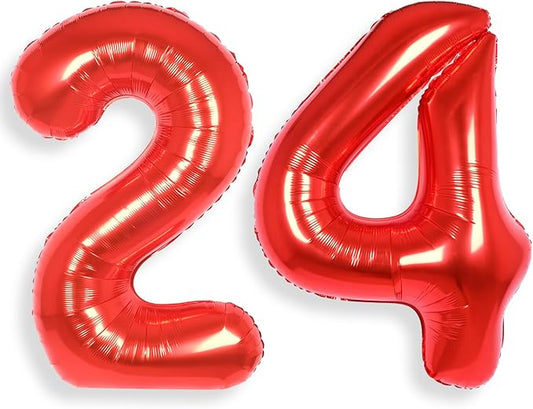 AULE 40 Inch Big Red Foil 24 Number Balloons for Women Large 24th Happy Birthday Decorations Giant Huge Helium Mylar 42 Anniversary Party Decor