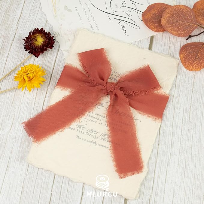 Rust Chiffon Ribbon - 1.5 Inch x 21 Yards, Handmade Fringe, Silk, Boho Frayed, Perfect for Gift Wrapping, Wedding Invitations, Bridal Flower Bouquets