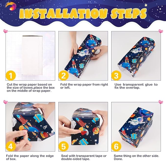 WERNNSAI Space Wrapping Paper Rolls - 3 Short Rolls Blue Galaxy Birthday Wrap Paper for Kids Boy Birthday Party Gift Packing Supply Decoration Favor with Cut Lines 17 in x 10 ft