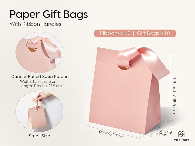 Vitalizart Paper Gift Bags With Ribbon Handles Set of 10 Pink Bulk Reusable For Gift Wrap Girls Kids Birthday Bridal Shower Party Favors Goodie Bags Candy Christmas 5.91"x3.54"x7.28" Small Size