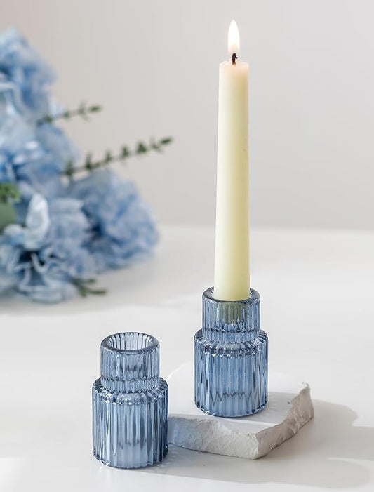 Romadedi Glass Candle Holders for Candlestick - 2 Pcs Blue Tapered Candle Sticks Holder Decor for Table Centerpiece Ribbed Taper Holder for Birthday Party Wedding Bridal Showers Home Gift
