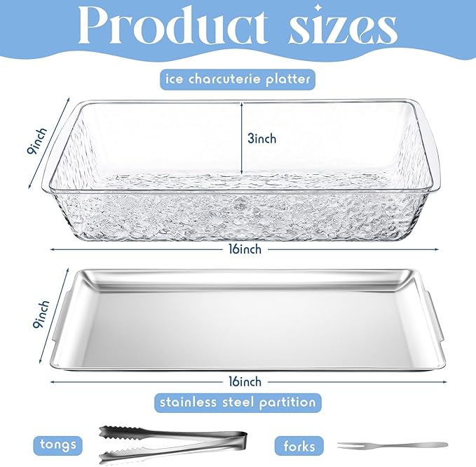 Baderke 2 Set 16 x 9.45 Chilled Serving Tray for Parties with Compartments Ice Chilled Party Platter Charcuterie Serving Board with Forks Tongs for Fruit Seafood Vegetable Appetizer (Silver)