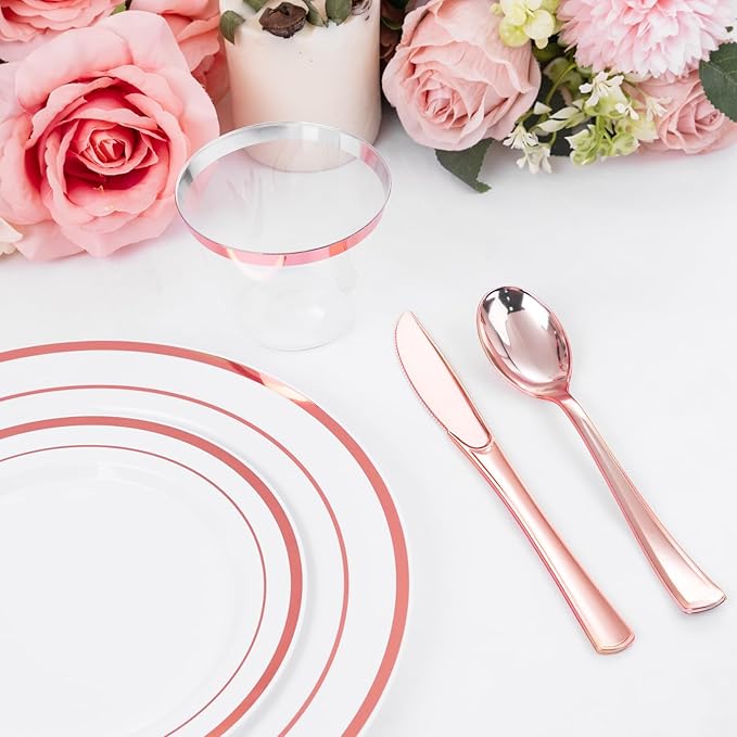 WELLIFE 600 PCS Rose Gold Disposable Dinnerware Set for 100 Guests, Valentine's Day Plate, 100 Each-Dinner & Salad Plates, Cups, Forks Knives Spoons for Wedding Reception and Mothers Day Plates