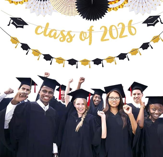 Black Gold Party-Decorations Graduation Banner-Streamers - 18pcs Kits Class of 2026 Garland, Paper Tissue Pom Poms Fan, Honeycomb Lanterns Congrate Grad Congratulations Decor Panduola
