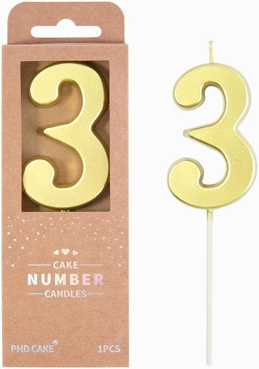 PHD CAKE 2.76 Inch Modern Gold 3 Number Birthday Candles, Gold Number Candles, Cake Number Candles, Party Celebration