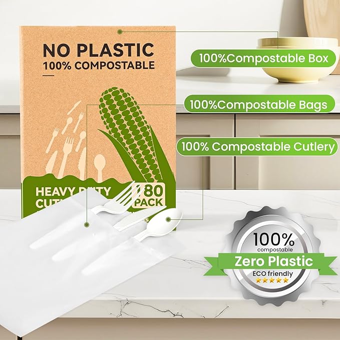 180Pcs Reusable Utensils Cornstarch Made - Heavy Duty Compostable Forks 80, Compostable Spoons 80, & 50 Knives Set - 100% Disposable Eco Friendly Flatware for Party, Wedding, BBQ, Camping (180 Pack)