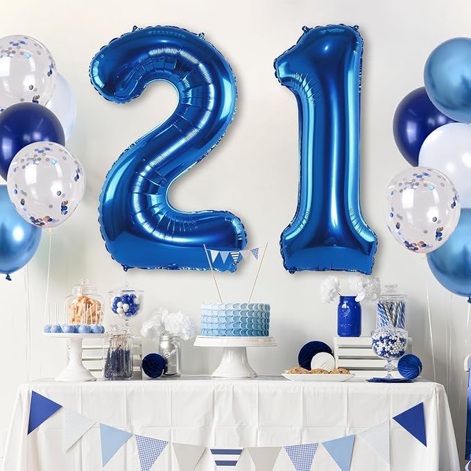 Foil Number Balloons 21, 40'' 21st Birthday Balloon with Pastel Navy Dark Blue Silver Confetti Helium Balloon, Self Inflating Big 21 Balloon Number for Men Birthday Party Anniversary Decor Supplies