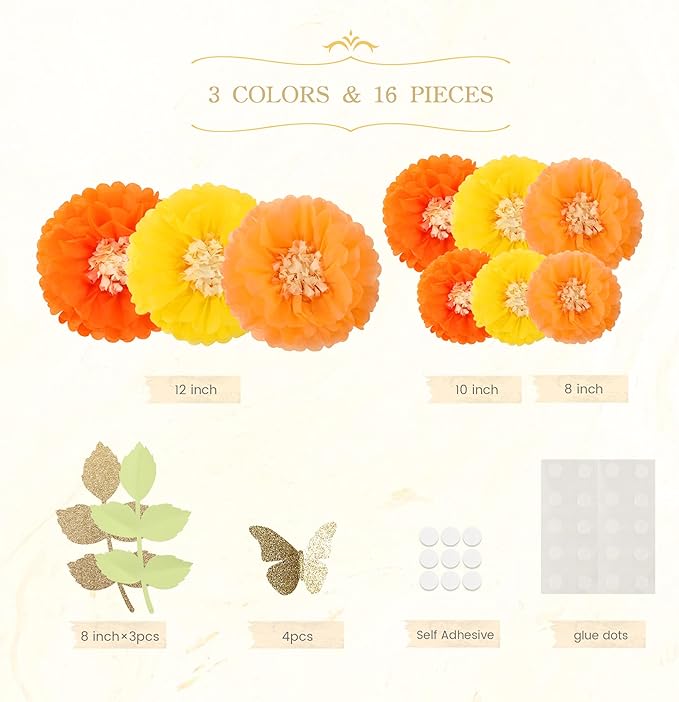 Fonder Mols Tissue Paper Chrysanth Flowers with Butterfly and Olive Leaves for Wedding Baby Shower Nursery Room Parties & Events Decorations Pom Poms (Yellow Orange)