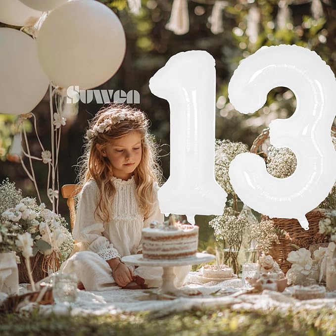 SUWEN 40 Inch White Large 13 Number Balloons Big Foil Helium Number Balloons 0-9 Giant Jumbo Happy 13th Birthday Party Decorations for Boy or Girl Huge Mylar 31 Anniversary Party Supplies