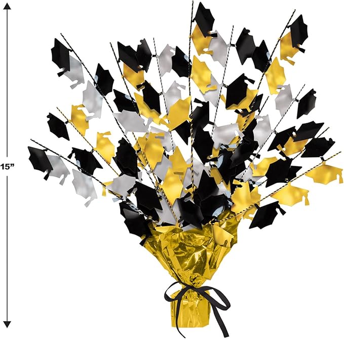 Beistle 2-Pack Metallic Gleam ’N Burst Centerpiece, Black/Gold/Silver Table Decor for Graduation Party with Mini Grad Caps, Tableware Decorations, 15"