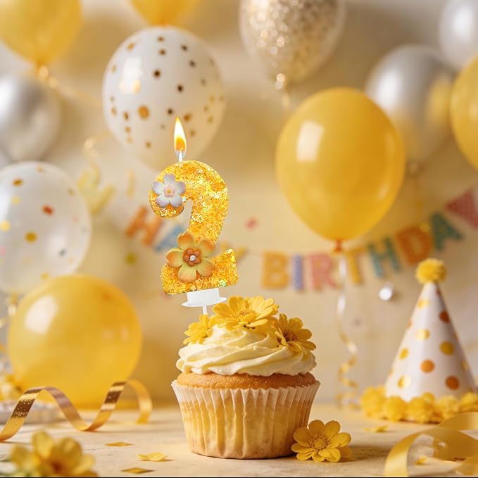 Yellow Birthday Candle, Flower Number Birthday Candles for Cake, Ideal Birthday Parties Cake Decor, Wedding Anniversary and Other Celebrations (2 Candle, Yellow)