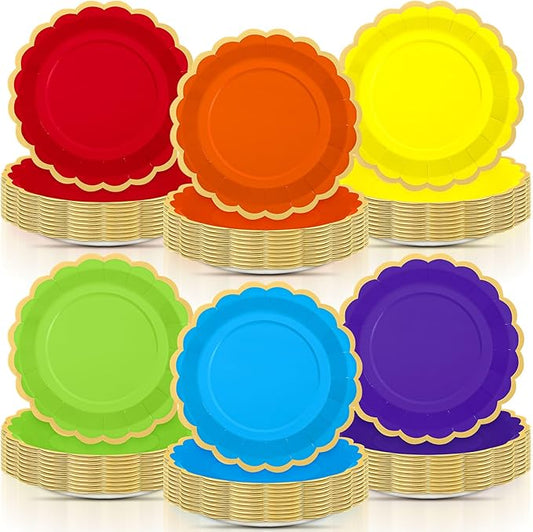 96 Pcs Rainbow Paper Plates 9 Inch Gradient Scalloped Paper Plates Disposable Dinner Dessert for Birthday Wedding Bridal Party Supplies, 6 Colors