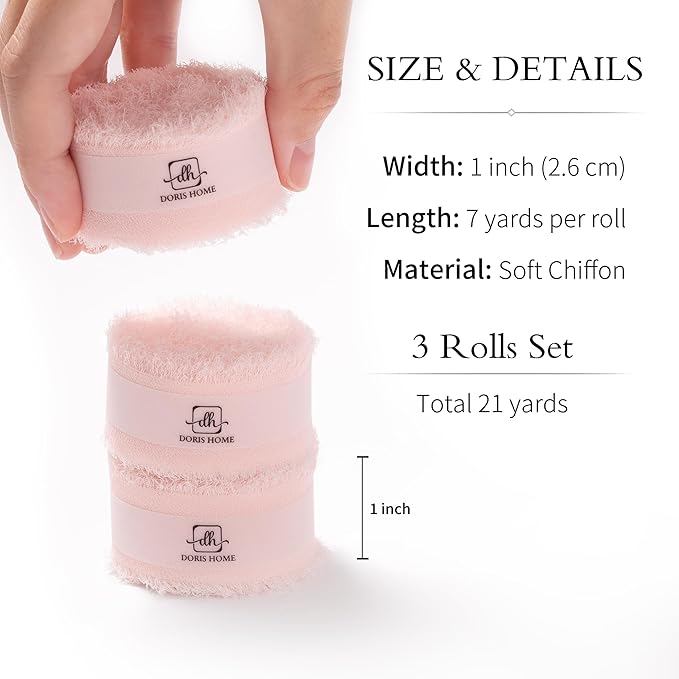 DORIS HOME Pink Chiffon Ribbon for Flower Bouquet, 1" x21Yd Fabric Ribbon for Gift Wrapping, Handmade Frayed Ribbon for Wedding Invitations/Christmas Decorations