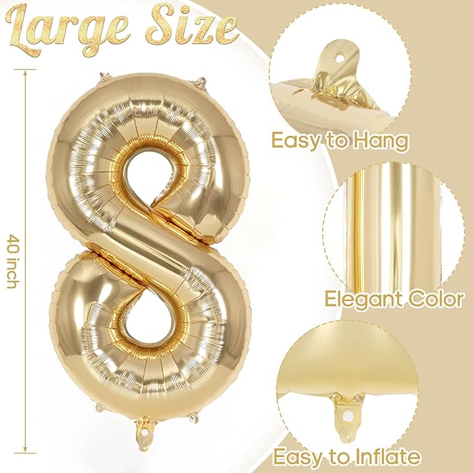 Champagne Gold Large Number 8 Balloon, 40 Inch Light Gold Foil Helium Number Balloons, Giant Mylar Number 8 Balloons for 8 Years Old Birthday Party Anniversary Decorations
