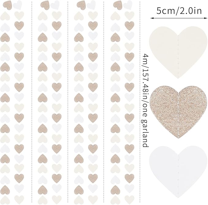 Champagne-Gold Milky-White Birthday Party-Decorations Heart-Garland - 52ft Wedding Hanging Streamers Banner,Bachelorette Engagement Romantic Special Night Baby Bridal Shower Backdrop Decor Burgleda