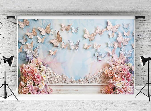 Kate Butterfly Wall Backdrop for Photography Pink Flowers Dreamworld Girls Birthday Party Background for Baby Shower (10x6.5ft)