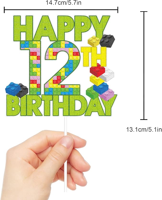 Happy 12th Birthday Building Block Cake Topper - Puzzle Games Boy's 12th Birthday Party Green Cake Topper Supplies - Building Block Party Decoration For Boy
