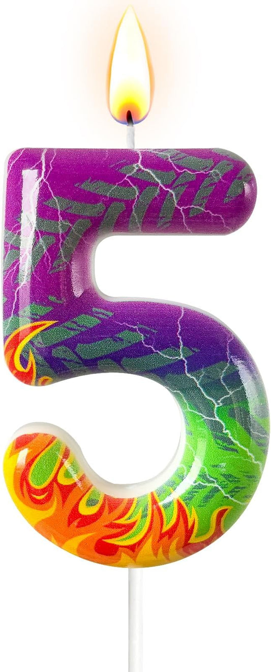 Number 5 Birthday Candle for Cake – Purple Green Flame Design with Lightning & Tire Track Pattern – Off-Road Truck Theme Cake Topper for Birthday Party Decoration