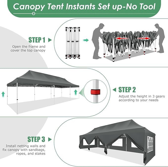COBIZI Canopy Tent 10x30 Pop Up Canopy with 8 Removable Sidewalls Party Tents for Parties Wedding Patio Commercial Waterproof and UV50+ Ez Outdoor Instant Gazebo with Roller Bag & 4 Sandbags（Grey）