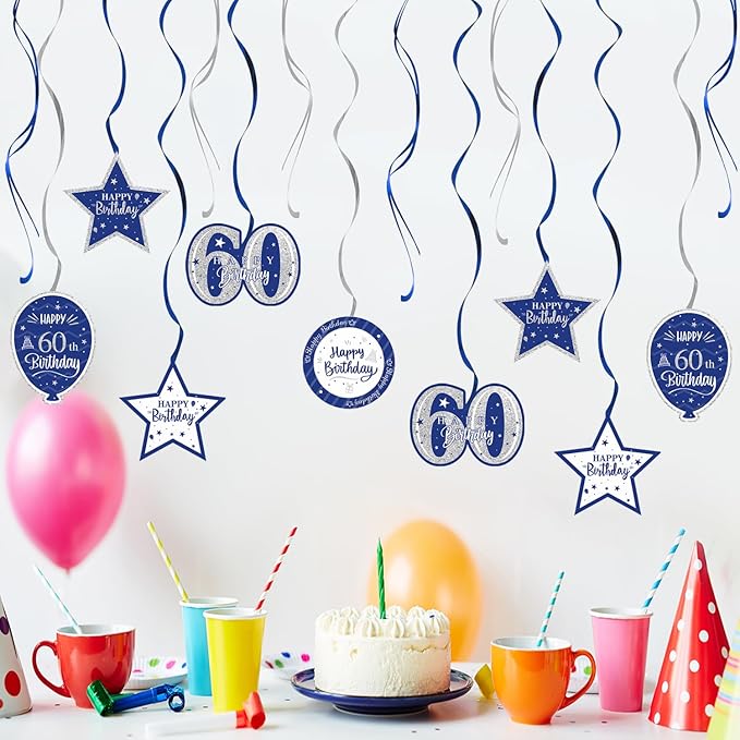 Happy 60th Birthday Blue & Silver Glitter Swirls Streamers Party Decorations - 15 Pcs 60th Birthday Hanging Swirls Streamers Kit,Cheers to Sixty Years Old Bday Party Sign.
