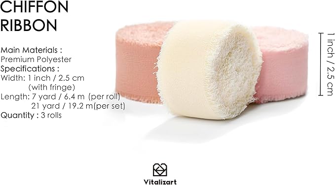 Vitalizart Pink & White Chiffon Silk Ribbon 1" x 21 Yd Fringe Fabric Package (3 Rolls * 7 Yd) for Wedding Invitations Bridal Bouquets Decorations Gifts Wrapping & Bow Making