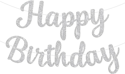 Glitter Happy Birthday Banner Sign Birthday Garland Wall Door Banners Flag for Women Men Boys Girls Party Backdrop Decorations Silver