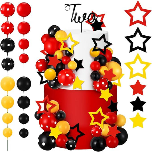 57 Pcs Black Red Yellow Ball Star Cake Topper Set Cartoon Cake Decorations with Flag DIY Insert Topper for One Two Years Happy Birthday Decorations Baby Shower Party Supplies(Two Year)