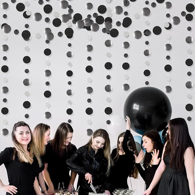 Outus 10 Pieces Black,Silver Round Dots Garland Graduation Party Hanging Decor Each Length 13.1ft Glitter Paper Dot Streamers for Birthday Wedding Classroom Supplies