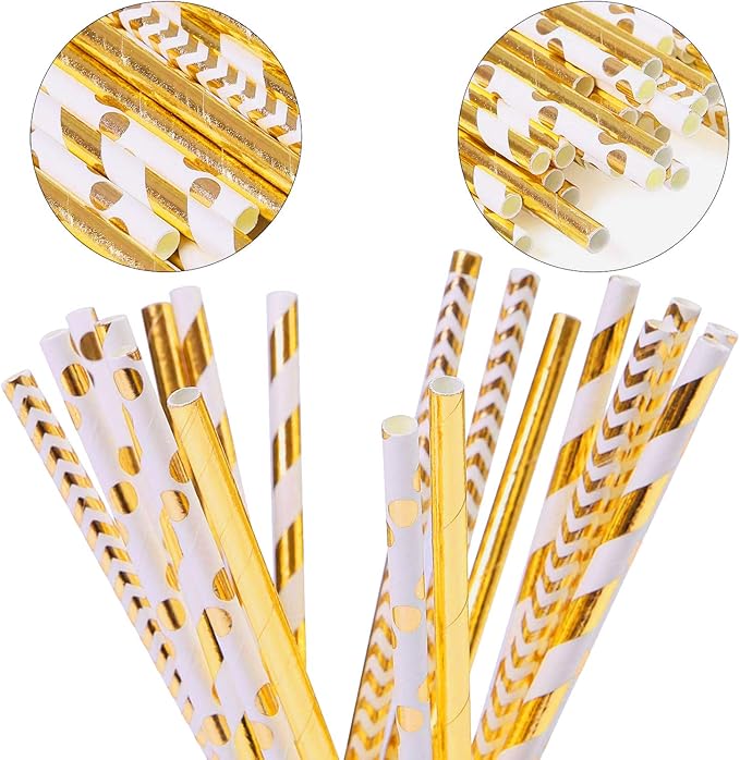 Paper Straws 200 Pack Biodegradable Gold 8.25" Straw for Everyday/Birthday Party/Bridal Shower/Wedding/Anniversary and Parties, 4 Beautiful Patterns, Long Lasting - by DuraHome (Gold)