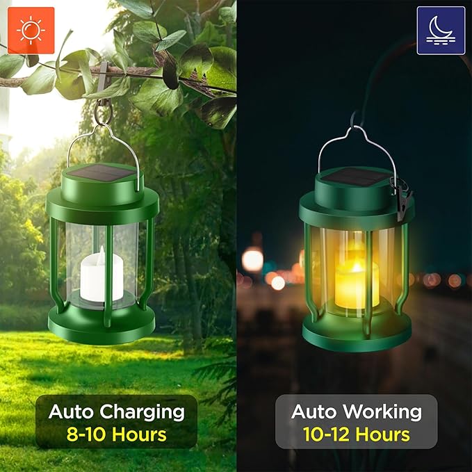 Solar Lantern Outdoor & Indoor Use – Hanging Solar Lights with Realistic Flickering Flameless Candle, Weatherproof for Gardens, Patios, Trees, and Lawns (Green, 1 Pack)