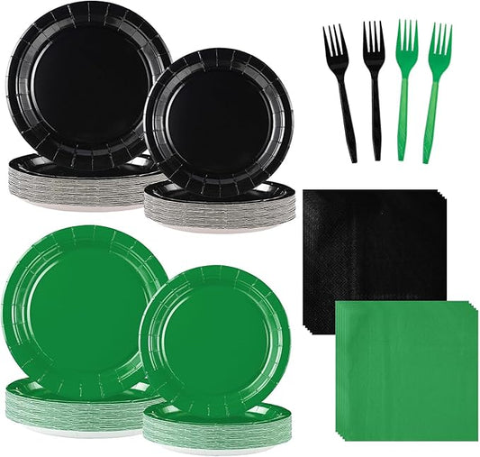 Grencian 96Pcs Green and Black Birthday Decorations Graduation Party Plates and Napkins Solid Color Disposable Heavy Duty Green and Black Tableware Set for Graduation Decorations 2026