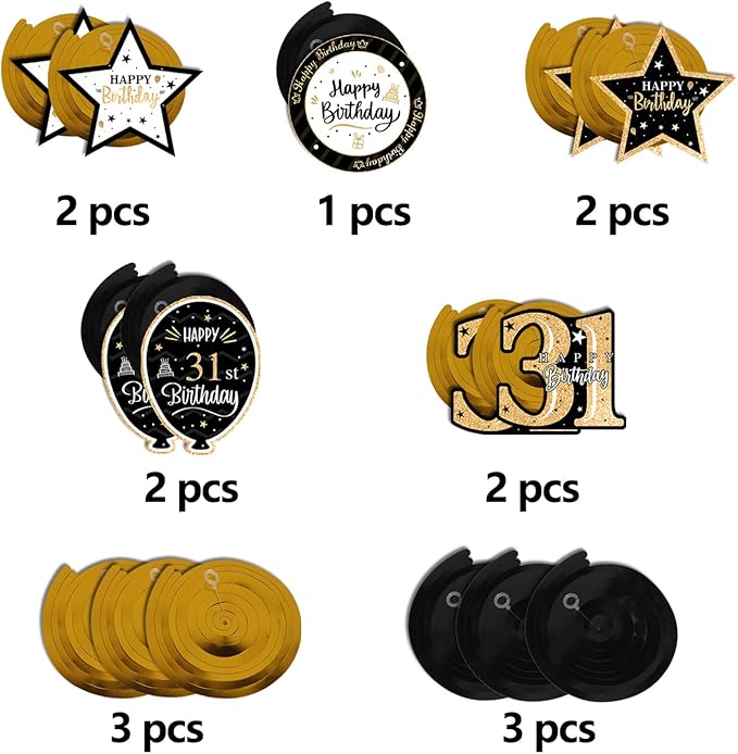 Happy 31st Birthday Black & Gold Glitter Swirls Streamers Party Decorations - 15 Pcs 31st Birthday Hanging Swirls Streamers Kit,Perfect for 31st Bday Party Sign.