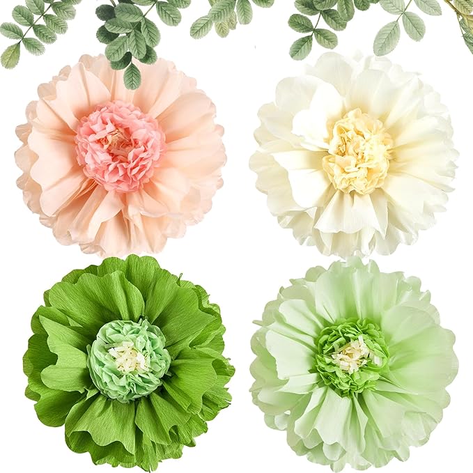 SUNBEAUTY 4 PCS 20" Sage Green Giant Paper Flowers Large Crepe Paper Tissue Flowers Artificial Decorations for Spring Summer Flower Wall Backdrop Birthday Party Wedding Baby Shower Bridal Easter Decor