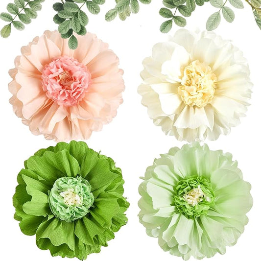 SUNBEAUTY 4 PCS 20" Sage Green Giant Paper Flowers Large Crepe Paper Tissue Flowers Artificial Decorations for Spring Summer Flower Wall Backdrop Birthday Party Wedding Baby Shower Bridal Easter Decor