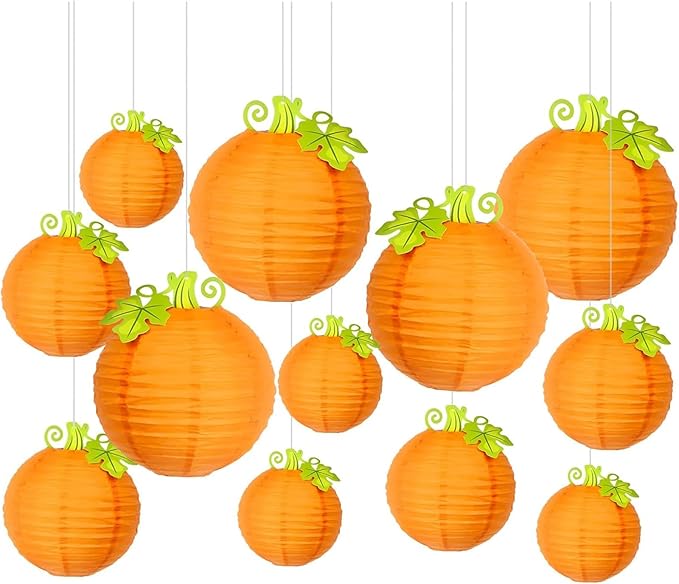 12Pcs Fall Thanksgiving Pumpkins Decorations Orange Paper Pumpkin Ball Decorations Lanterns Unique Design Perfect for Halloween Jack O Lantern Classroom Kitchen Party Indoor Outdoor
