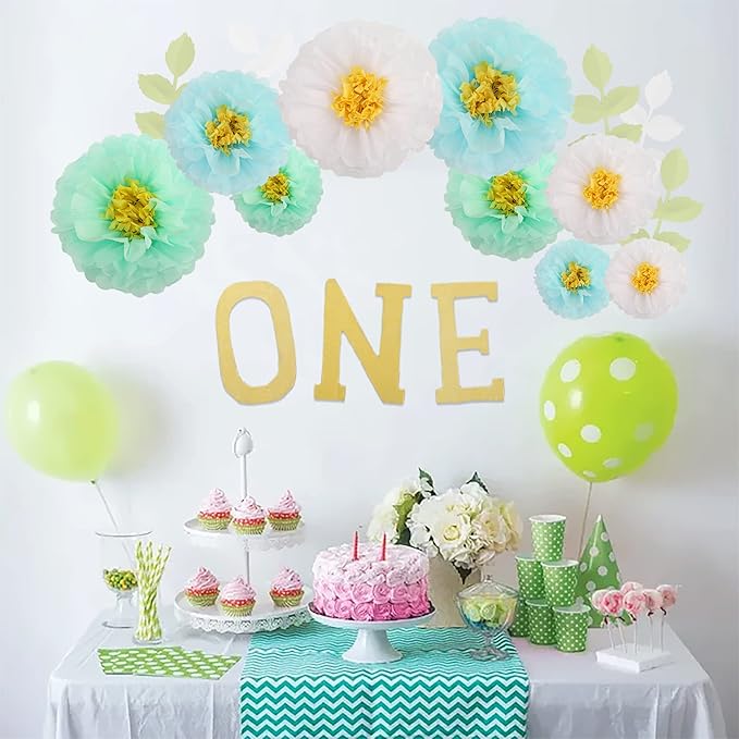 Fonder Mols Tissue Paper Chrysanth Flowers with Butterfly and Olive Leaves for Wedding Baby Shower Nursery Room Parties & Events Decorations Pom Poms (White Mint Baby Blue)