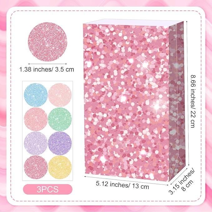 Kolldenn 24 Pcs Glitter Pastel Gift Bags Bulk Pastel Party Favors Small Goodie Treat Bags with Sealing Stickers for Wedding Baby Shower Birthday Holiday Party Favors Supplies