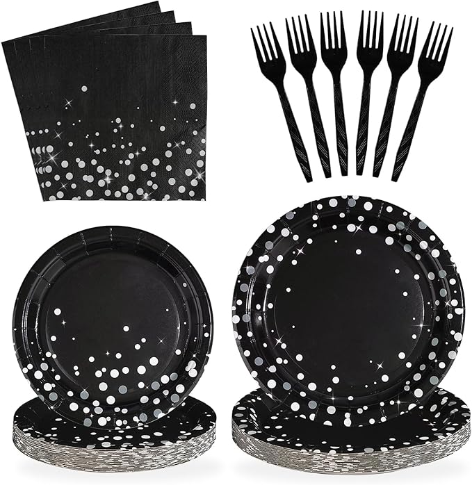 Grencian 96Pcs Black and Silver Party Decorations White Silver Dot on Black Paper Plates Graduation Birthday Paper Tableware Set for Birthday Retirement Wedding Prom Graduation Party Supplies Serve 24