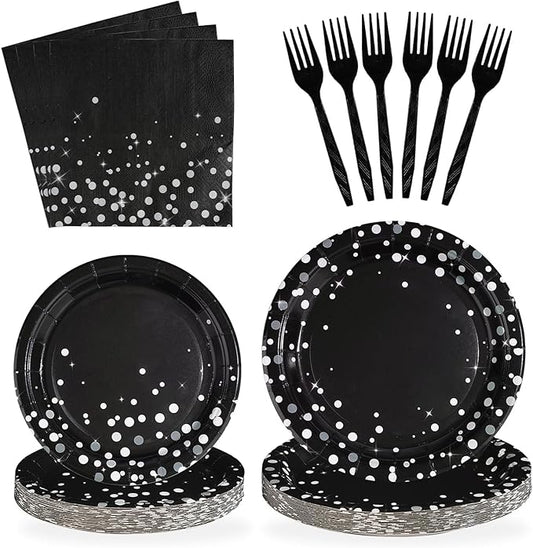 Grencian 96Pcs Black and Silver Party Decorations White Silver Dot on Black Paper Plates Graduation Birthday Paper Tableware Set for Birthday Retirement Wedding Prom Graduation Party Supplies Serve 24