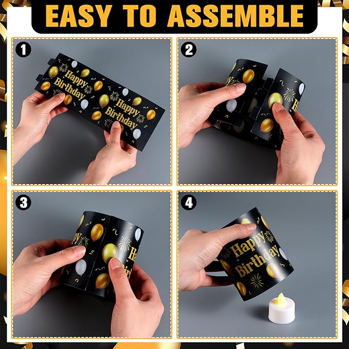 10 Sets Happy Birthday Centerpieces for Tables Black and Gold Birthday Decorations Lantern Boxes with Tea Lights Candles Centerpieces for Table Ideas for Women Men Party Supplies