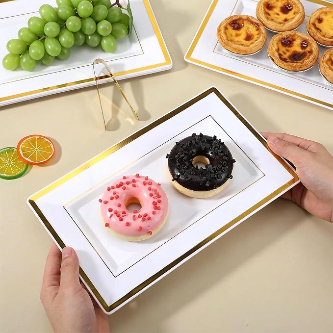 10 Pack White & Gold Plastic Serving Trays with 10 Stainless Steel Tongs - Elegant Disposable Platters for Parties, Weddings, Desserts