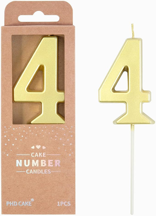 PHD CAKE 2.76 Inch Modern Gold 4 Number Birthday Candles, Gold Number Candles, Cake Number Candles, Party Celebration