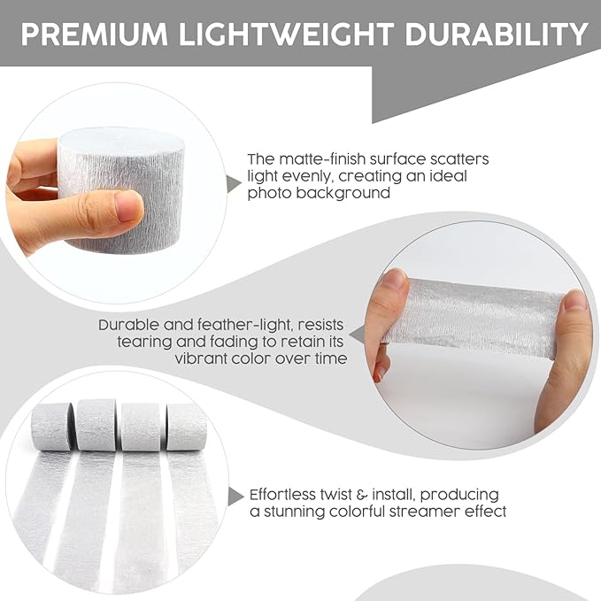 4 Rolls Crepe Paper Silver Streamers – Perfect for Streamers Party Decorations, Wedding, Birthday, Colored Decor, and DIY Craft Supplies(1.8 Inch x 82 Ft/Roll)